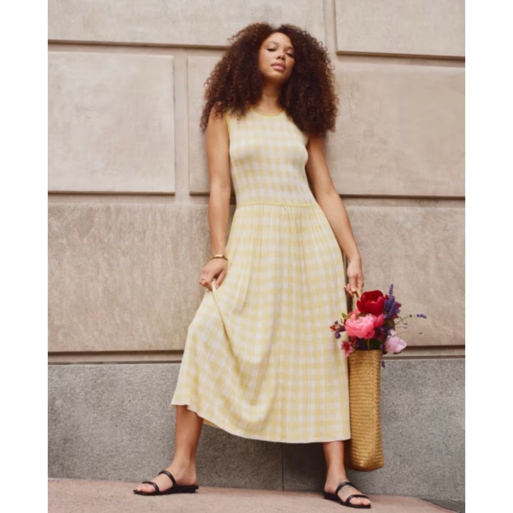 Everlane Womens Knit Pleated Midi Dress Gingham Size XS Sleeveless Butter Yellow